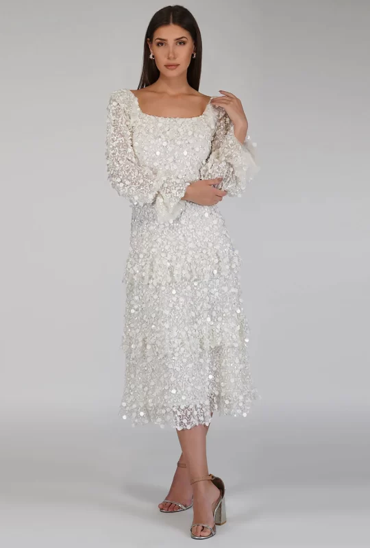 Adara Long Sleeve Frill Dress – Ivory